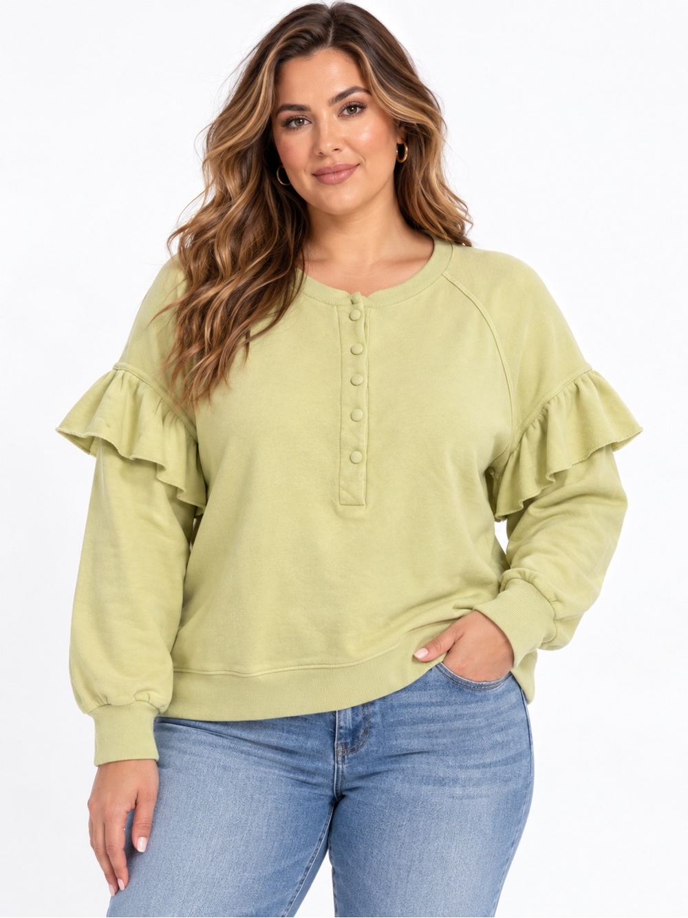Something Navy Pale green Ruffle-Sleeve Henley Sweatshirt